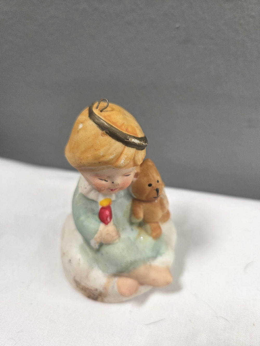 1970's Bisque Porcelain Christmas Ornament - A Girl With A Teddy Bear And Candle
